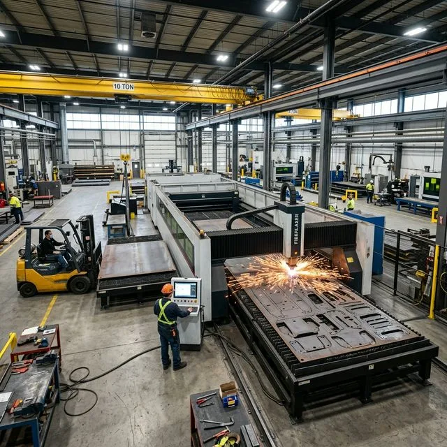 Aerial view of a large industrial factory floor with three different laser cutting platforms: a compact 1.5m×1.5m unit in the foreground, a standard 1.5m×3m machine in the middle, and a 2m×6m large-format system with automated pallet changer in the background, overhead crane and raw sheet metal stacks visible
