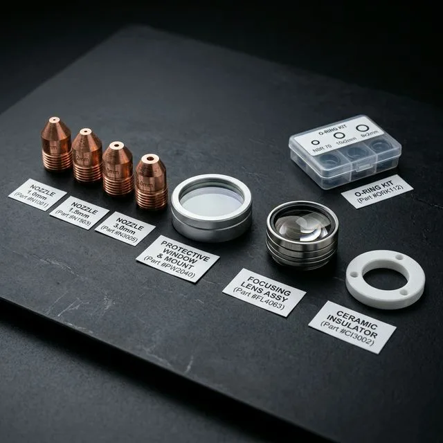 Laser cutting consumables laid out: copper cutting nozzles of various sizes, protective window in lens mount, focusing lens assembly, O-ring kit, and ceramic insulator ring with part number labels