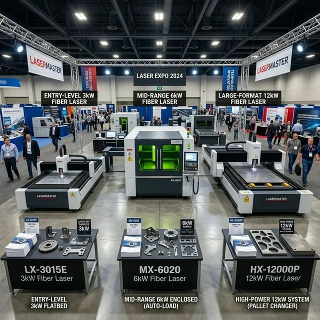 Trade show floor with three fiber laser cutting machines: compact 3kW entry-level flatbed, mid-range 6kW enclosed machine with automatic loading, and large-format 12kW system with pallet changer, sample parts displayed