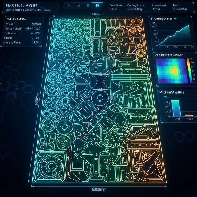 Advanced visualization of 2D packing nesting algorithms for sheet metal, displaying high efficiency interlocking geometric shapes on a glowing digital interface