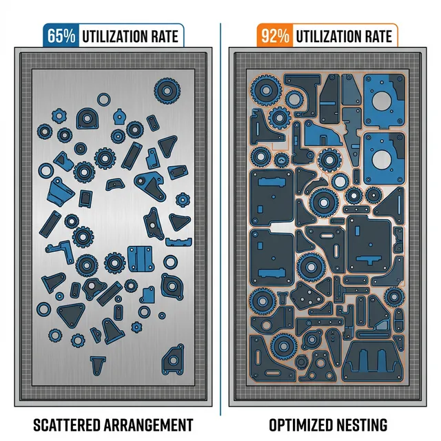 Nesting optimization comparison: scattered parts at 65% material utilization vs optimized nesting at 92% utilization on CNC laser cutting bed