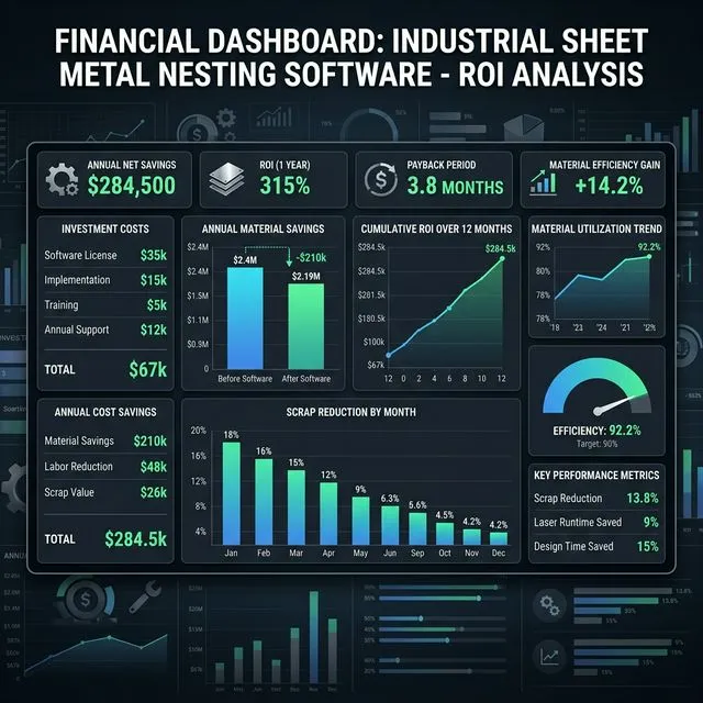 Financial dashboard calculating Return on Investment (ROI) for industrial sheet metal nesting software, showing charts, graphs, and cost savings metrics