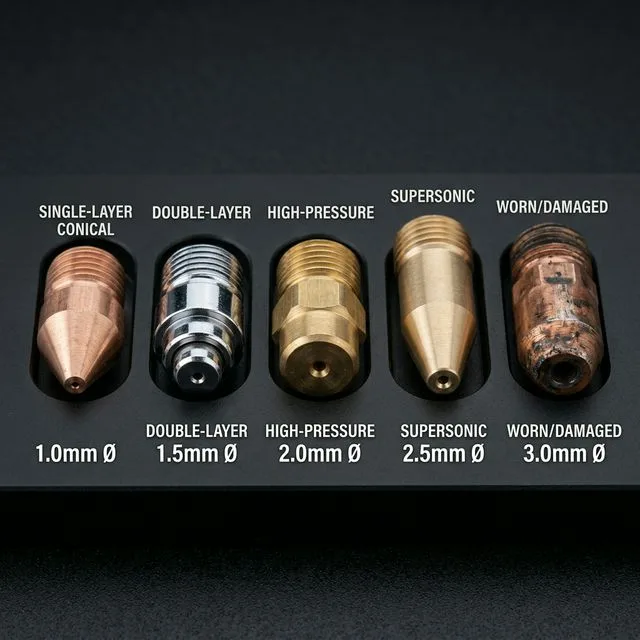 Five laser cutting nozzle types arranged on dark surface: single-layer conical copper 1.0mm, double-layer chrome-plated 1.5mm, high-pressure brass 2.0mm, supersonic elongated 2.5mm, and worn/damaged 3.0mm nozzle for comparison