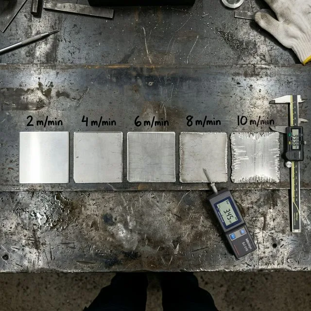 Array of laser-cut metal test coupons on a workbench showing progressive speed variations: leftmost sample at maximum speed with rough dross edges, center samples at optimal speed with clean cuts, rightmost at slow speed with heat-affected zone discoloration