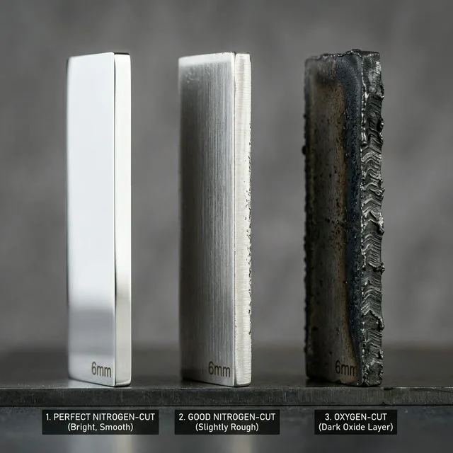 Three pieces of 6mm 304 stainless steel showing edge quality comparison: perfect mirror-finish nitrogen cut, good nitrogen cut with slight roughness, and oxygen cut with dark oxide layer