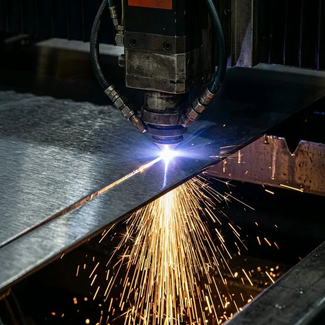 Fiber laser cutting through brushed 304 stainless steel sheet with bright orange sparks streaming downward, nitrogen gas nozzle visible above, blue-white laser interaction point